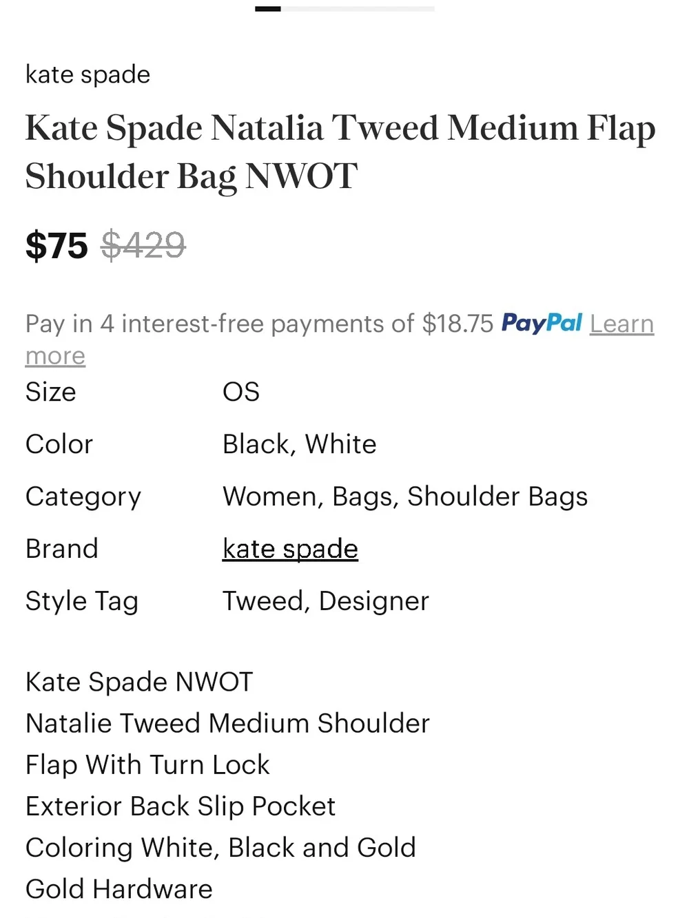 Kate Spade Natalia Tweed Medium Flap Shoulder Bag W/ KS Dustbag NWOT
